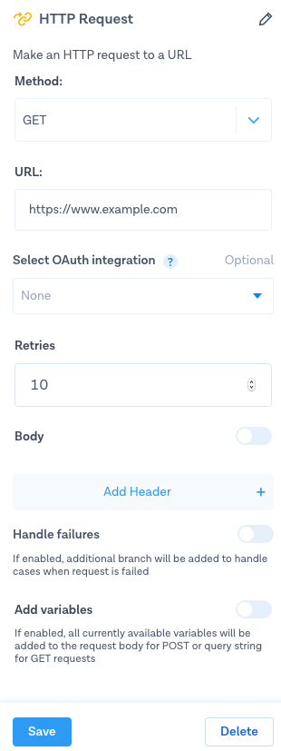 HTTP request step options